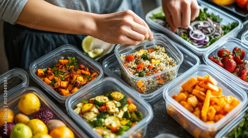 Obraz premium A person packing a plant-based lunch for work, featuring quinoa salad, roasted veggies, and fruit in reusable containers.