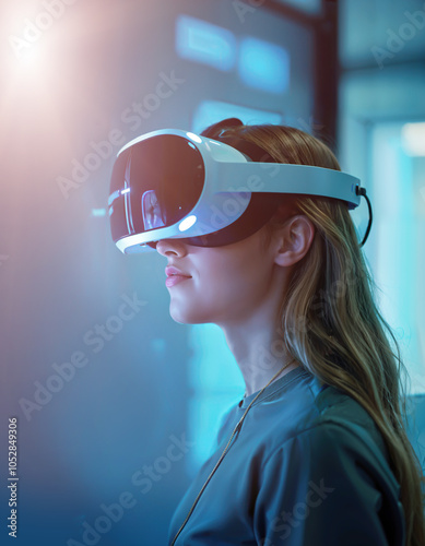 School student woman with VR headset using AI artificial intelligence technology & machine learning in classroom. Innovation & smart tech.
