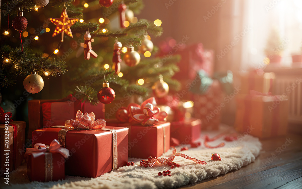 Christmas  scene with gifts being unwrapped under the tree and a joyful atmosphere 