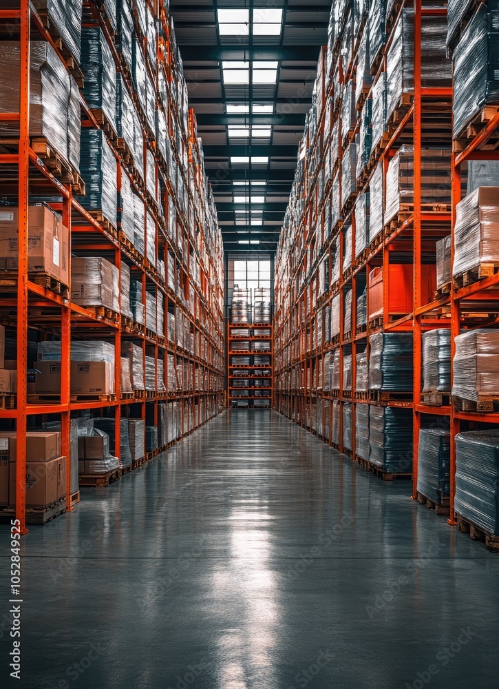 Fototapeta premium An aisle in a large warehouse with rows of stacked cardboard boxes.