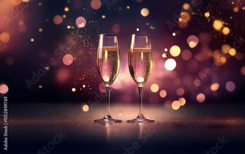 Two champagne flutes filled with bubbly stand on a dark table with a blurry background of sparkling lights.