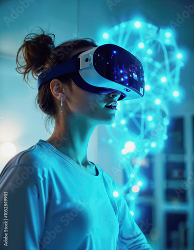 School student woman with VR headset using AI artificial intelligence technology & machine learning in classroom. Innovation & smart tech.