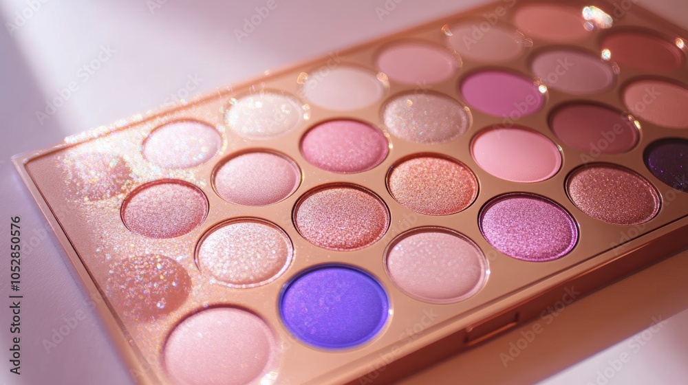 A stunning makeup palette featuring shimmer and matte shades captured in soft lighting for an elegant flat lay display A stunning makeup palette featuring shimmer and matte shades captured in soft lighting for an elegant flat lay display