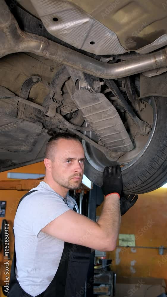 Vertical video auto mechanic working on vehicle in garage underneath car