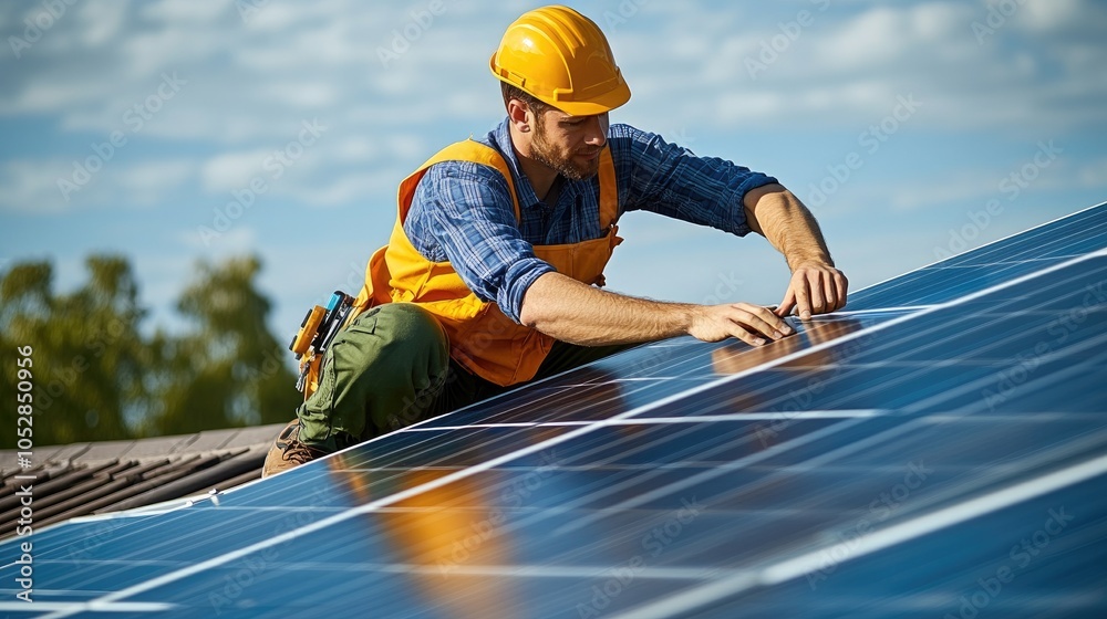 custom made wallpaper toronto digitalSkilled Worker Installing Solar Panels on Rooftop Under Clear Blue Sky for Sustainable Energy Solutions