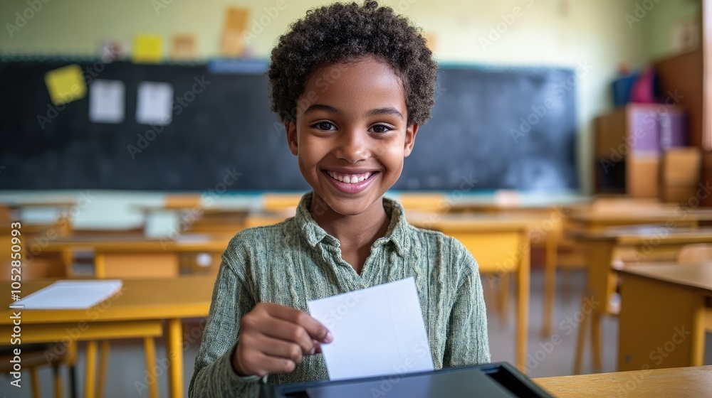 Fototapeta premium Smiling Child Casting Vote in Classroom Setting with Chalkboard and Desks in Background