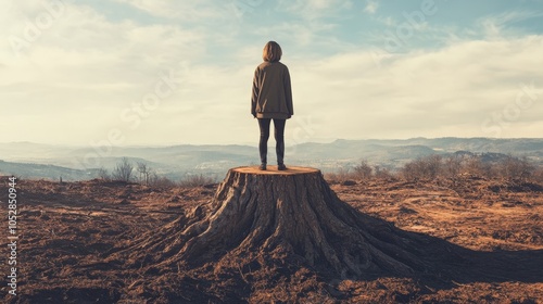 A person standing on a tree stump in the middle of a deforested area, looking out at the barren land, representing loss and environmental destruction. photo