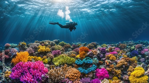 A scuba diver glides over a vibrant coral reef, sunbeams piercing the water above.