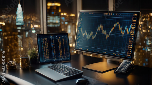 modern office workspace featuring dual monitors displaying stock market data, with city skyline illuminated at night in background. atmosphere conveys sense of professionalism and focus