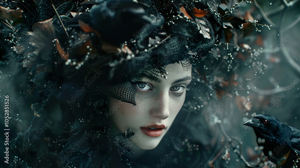 Mystical Portrait of a Woman with a Crow in a Dark Forest Mystical Portrait of a Woman with a Crow in a Dark Forest