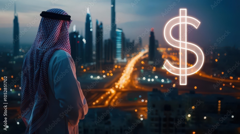 Obraz premium A businessman in traditional Middle Eastern dress looks out over a sprawling modern city, exuding confidence and pride. 