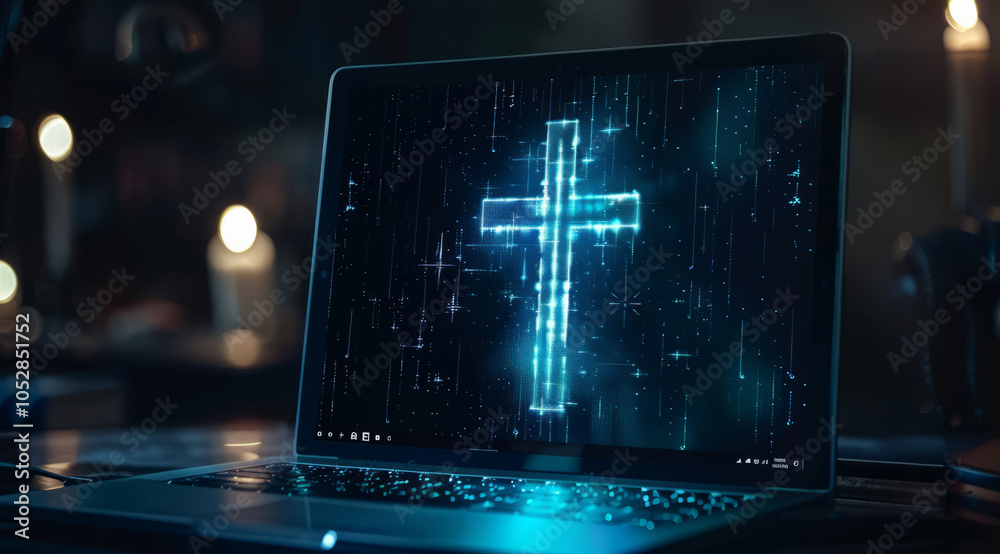 Religion and Christianity online. Concept of Christian science and technology
