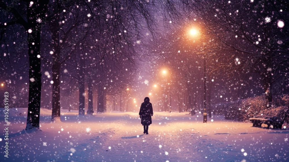 Fototapeta premium A person walking through a snowy park at dusk, with snowflakes falling around them, reflecting feelings of isolation and melancholy.
