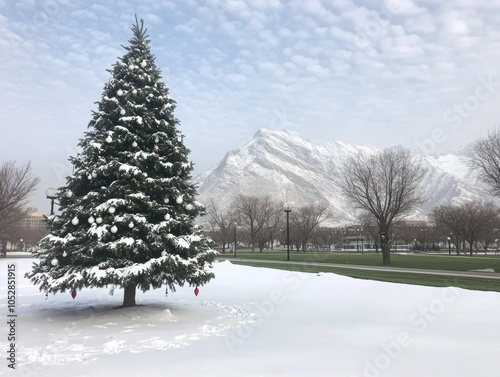 Large Christmas tree in American national park covered in snow