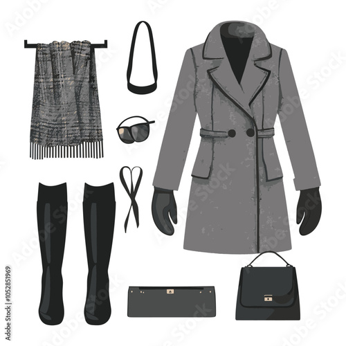 Elegant Grey Coat Winter Ensemble with Accessories