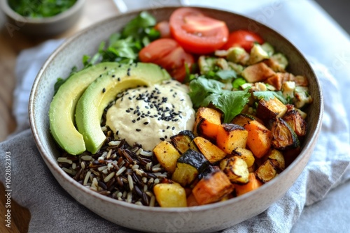 A plant-based Buddha bowl with roasted vegetables, wild rice, avocado, and a creamy tahini sauce, beautifully presented for lunch. photo