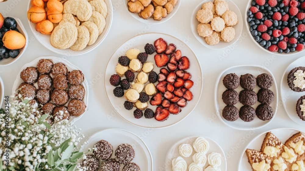 A plant-based dessert bar filled with vegan cookies, brownies, and fresh fruit tarts, perfect for a party.