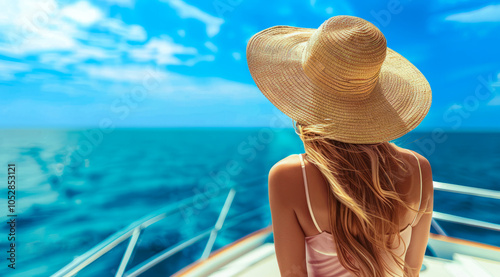 Young beautiful lady in a hat standing on yacht during luxury cruise and looking at azure ocean.