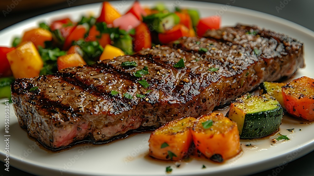 Grilled steak with sauteed peppers and zucchini on a white plate.