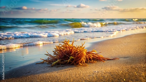 seaweed washed up on beach with selective focus photo