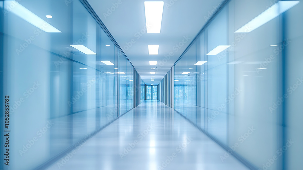 Blurred modern glass corridor in a business center, the interior of an office building with white walls and blue lights Blurred modern glass corridor in a business center, the interior of an office building with white walls and blue lights