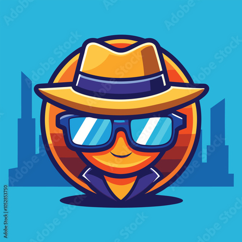 A cool cartoon character wearing sunglasses and a hat, set against a cityscape.