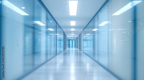 Blurred modern glass corridor in a business center, the interior of an office building with white walls and blue lights