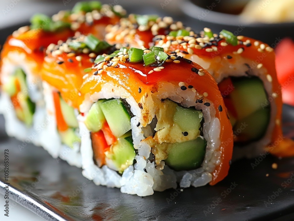 A plant-based sushi roll filled with avocado, cucumber, and bell peppers, served with soy sauce and pickled ginger. A plant-based sushi roll filled with avocado, cucumber, and bell peppers, served with soy sauce and pickled ginger.