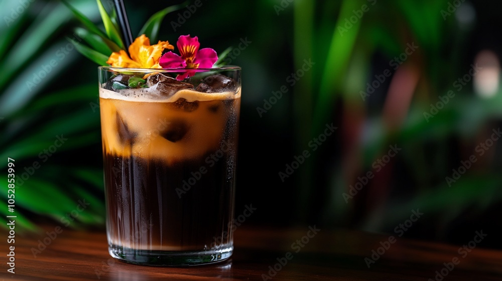 Iced coffee with milk and flowers in a glass.