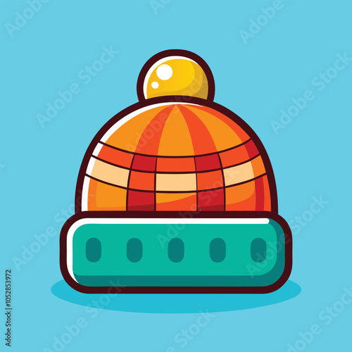A colorful cartoon beanie with a pompom on top. This hat is perfect for keeping your head warm in the winter.