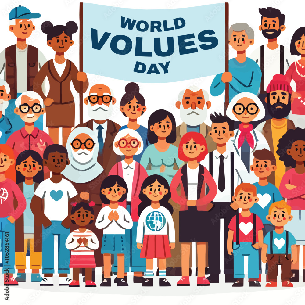 cartoon of diverse people standing together to celebrate World Volues Day cartoon of diverse people standing together to celebrate World Volues Day