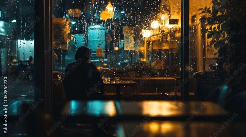 A quiet at night with only one person sitting by the window, gazing out as rain taps against the glass. A quiet at night with only one person sitting by the window, gazing out as rain taps against the glass.