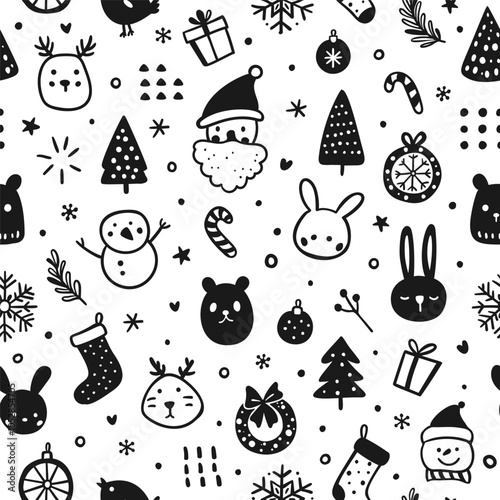 Whimsical Holiday Doodle Pattern in Black and White. Seamless Christmas background