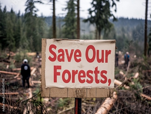 A protest sign in front of a logging site reading 