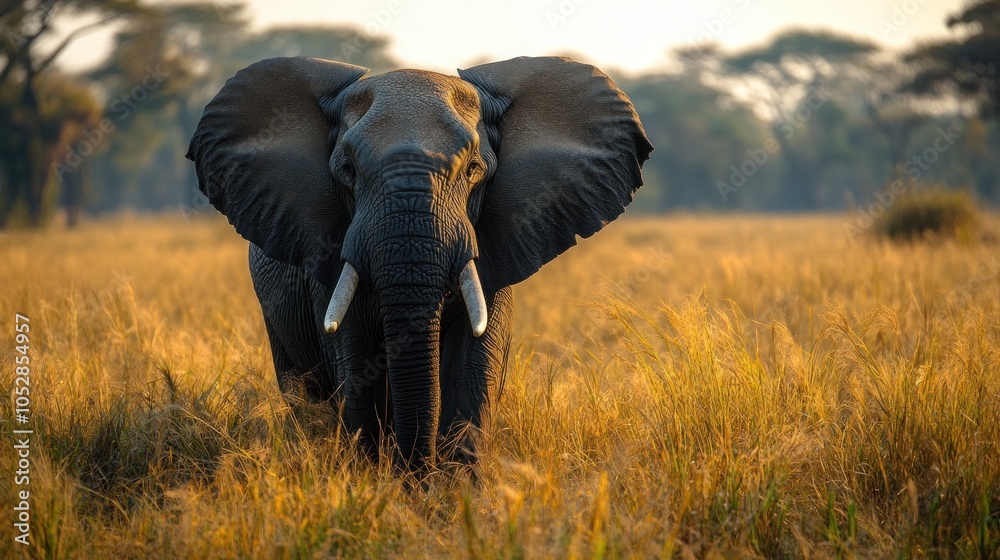 Fototapeta premium A majestic elephant standing in a golden grassland at sunset.