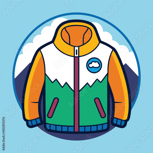Colorful winter jacket with a mountain and cloud design, perfect for keeping warm and stylish on the slopes.