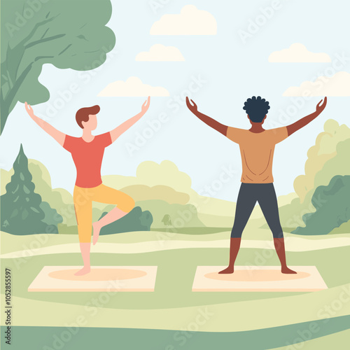 Couple Practicing Yoga Outdoors with a Scenic Background