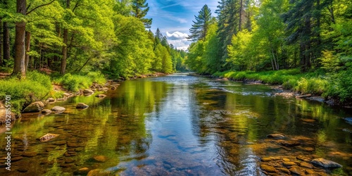 Shallow brook trout stream in Maine in the summer with overhanging brush, Maine, summer, shallow stream