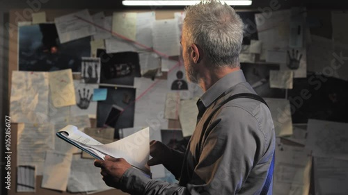 Mature caucasian police detective standing in office browsing files of criminal case,crime investigation,policeman examining papers searching clues