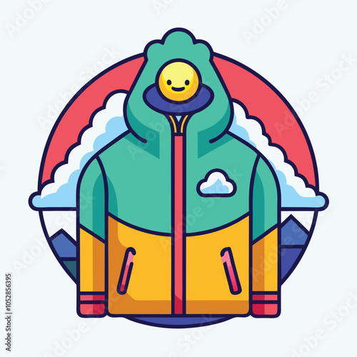 A colorful illustration of a hooded jacket with a cute smiley face peeking out. 