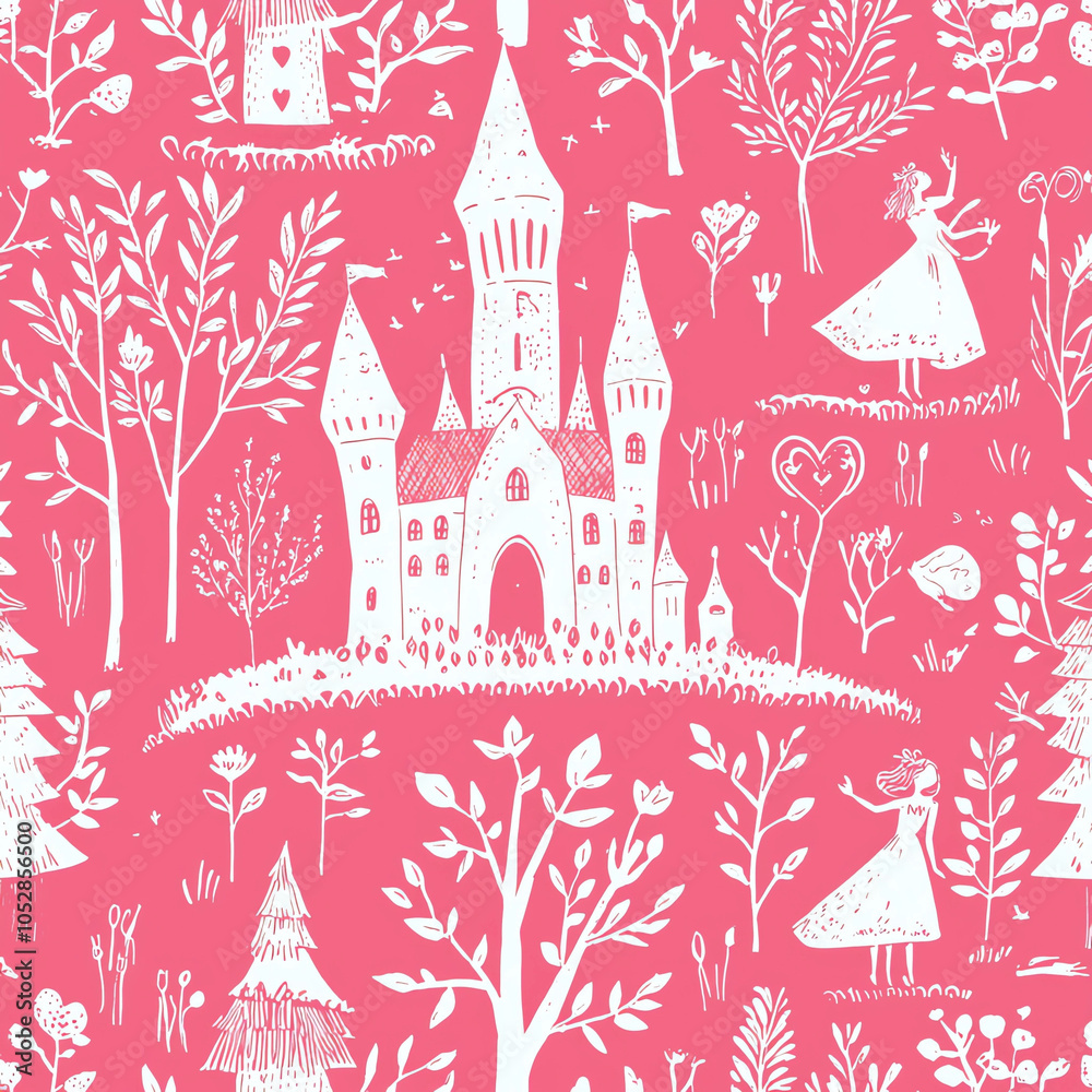 Fototapeta premium White line drawing of a princess and her castle in the woods, pink background, seamless pattern, simple design,