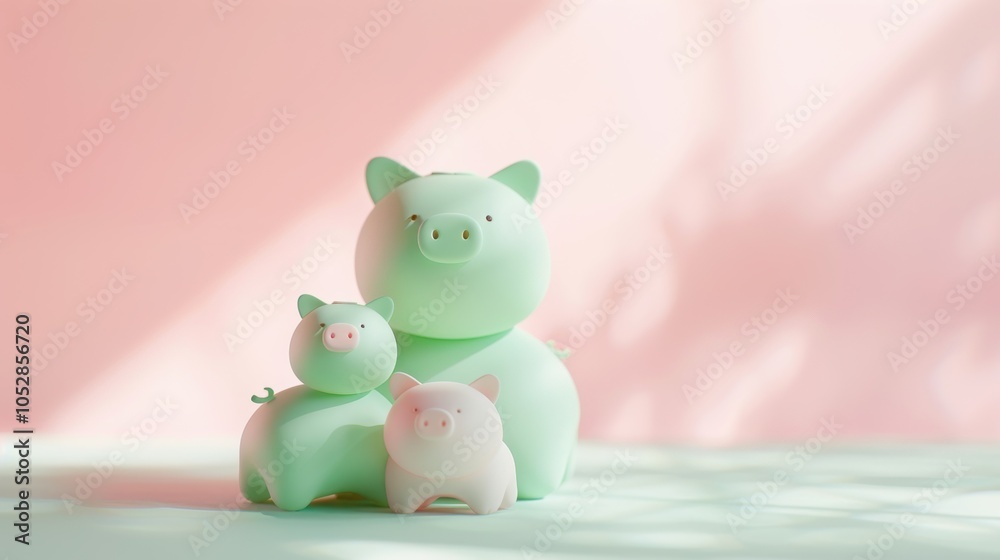 Cute piggy bank family on a pastel background Cute piggy bank family on a pastel background