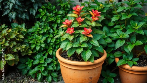 A vibrant patio potted plant in a terracotta pot surrounded by lush greenery, potted plant, decoration