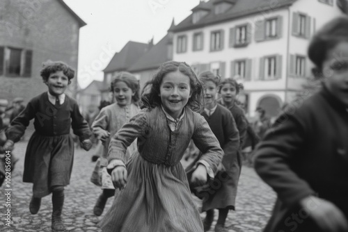 Early 20th century life:A nostalgic depiction of village and town streets, interactions of people, quiet rhythm of life in early 1900s, framed by architecture, culture of time.