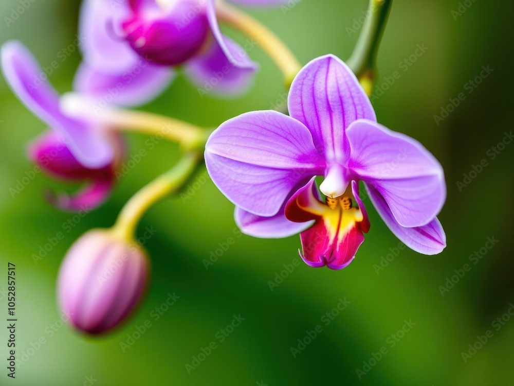 Obraz premium Close-up of a vibrant purple orchid flower in full bloom on a blurred green background, flower, close-up