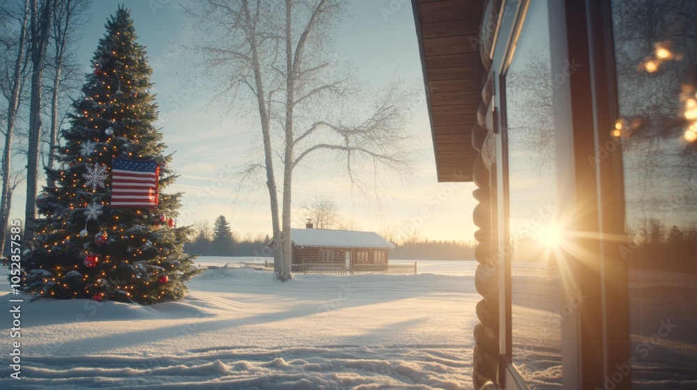 Obraz premium Patriotic Christmas tree adorned with American flag decorations rustic setting