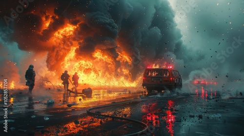 fire scene on highway with flames engulfing an orange van with blurred police officers on road