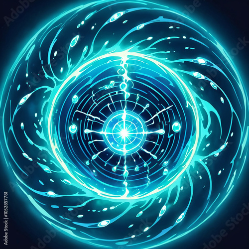 A swirling vortex of aquacolored energy surrounds a bright, glowing orb at the center. The orb emits light and has a circular pattern inside. The vortex is made up of dynamic lines and dots. photo