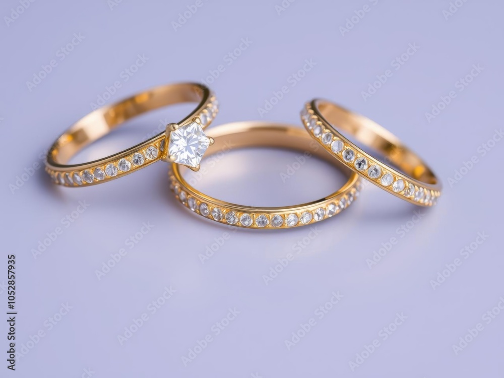 A close-up shot of three elegant and shiny gold rings, close-up, precious