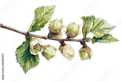 A detailed watercolor painting of a hazelnut branch featuring green leaves and unripe nuts.